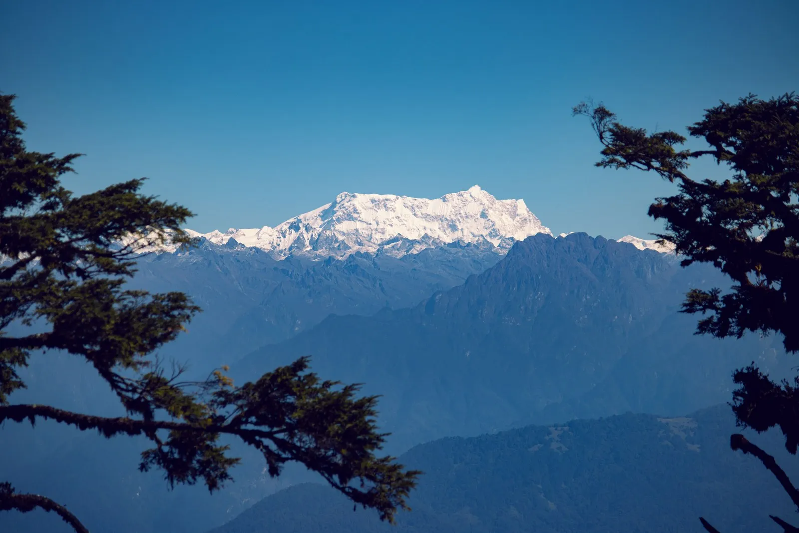 Snow peaks of the Bhutan Himalaya on a clear day, seen from Punakha