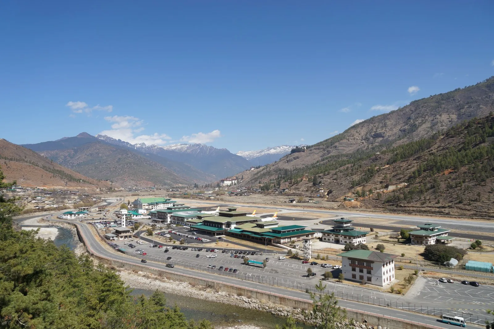 Paro’s airport on the valley floor, seen from the hillside above