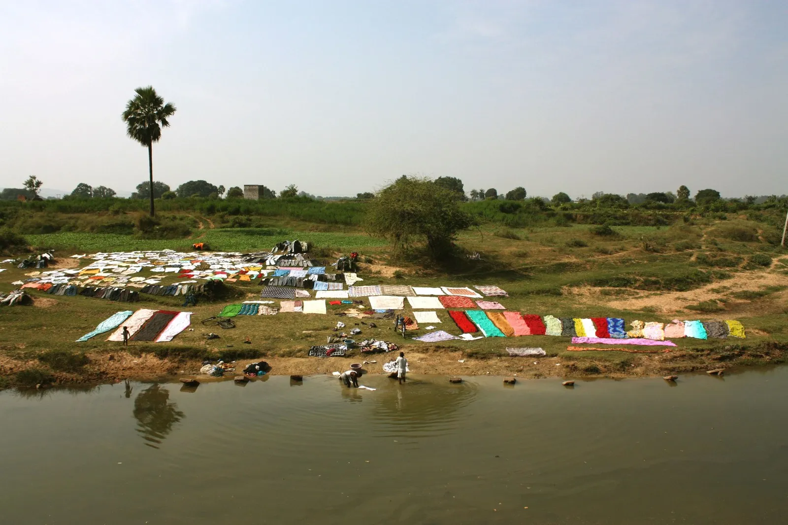 Washing laid out to dry by a river near Bhabua, in the Kaimur district of Bihar