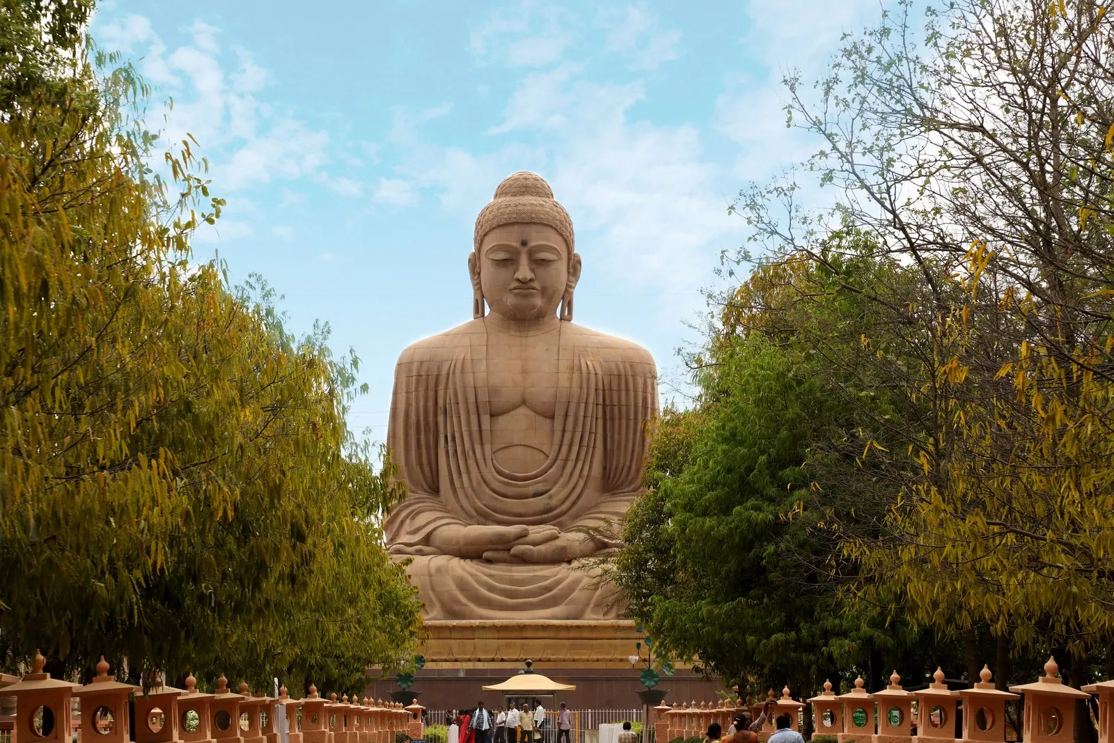 The Great Buddha Statue at Bodh Gaya, at the end of its avenue of trees