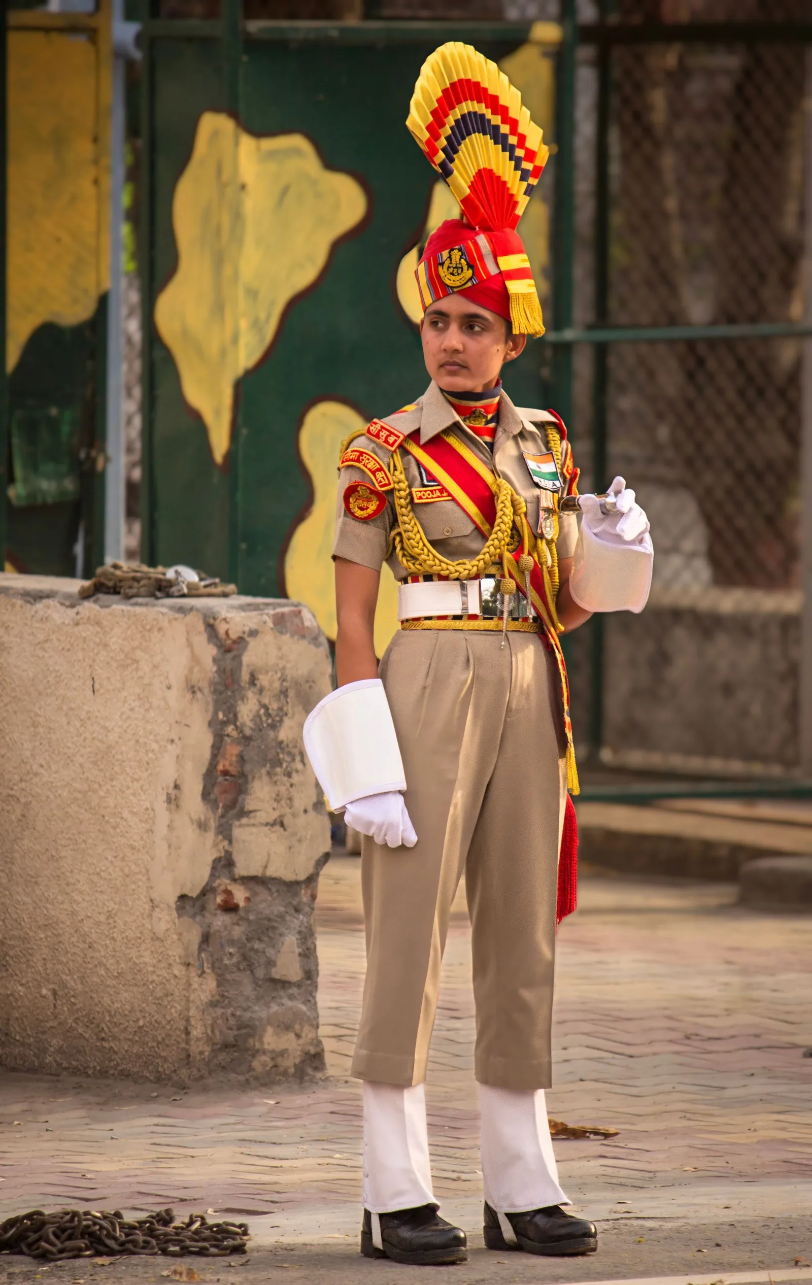 A Border Security Force guard in ceremonial uniform at the Wagah border