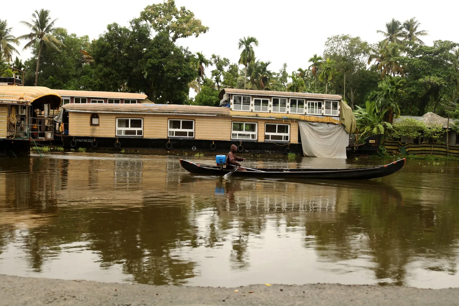 Houseboats moored on the Alappuzha backwaters as a man paddles past in a canoe