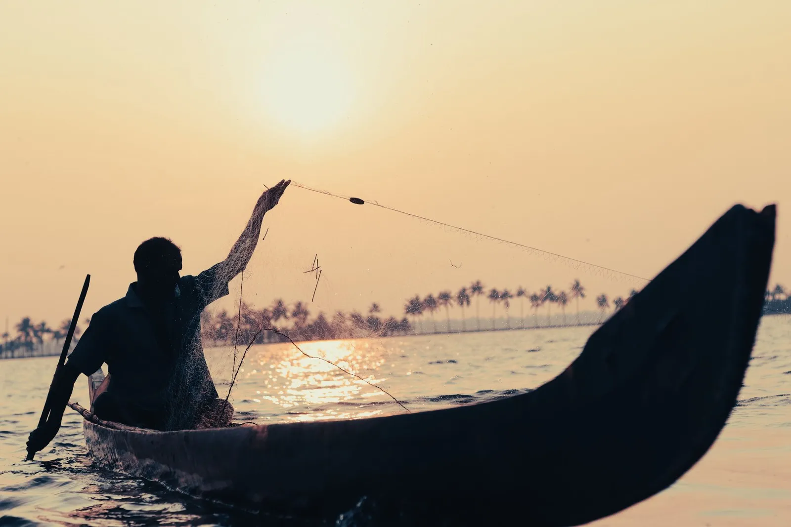 A fisherman casting his net from a canoe at sunset, Alappuzha