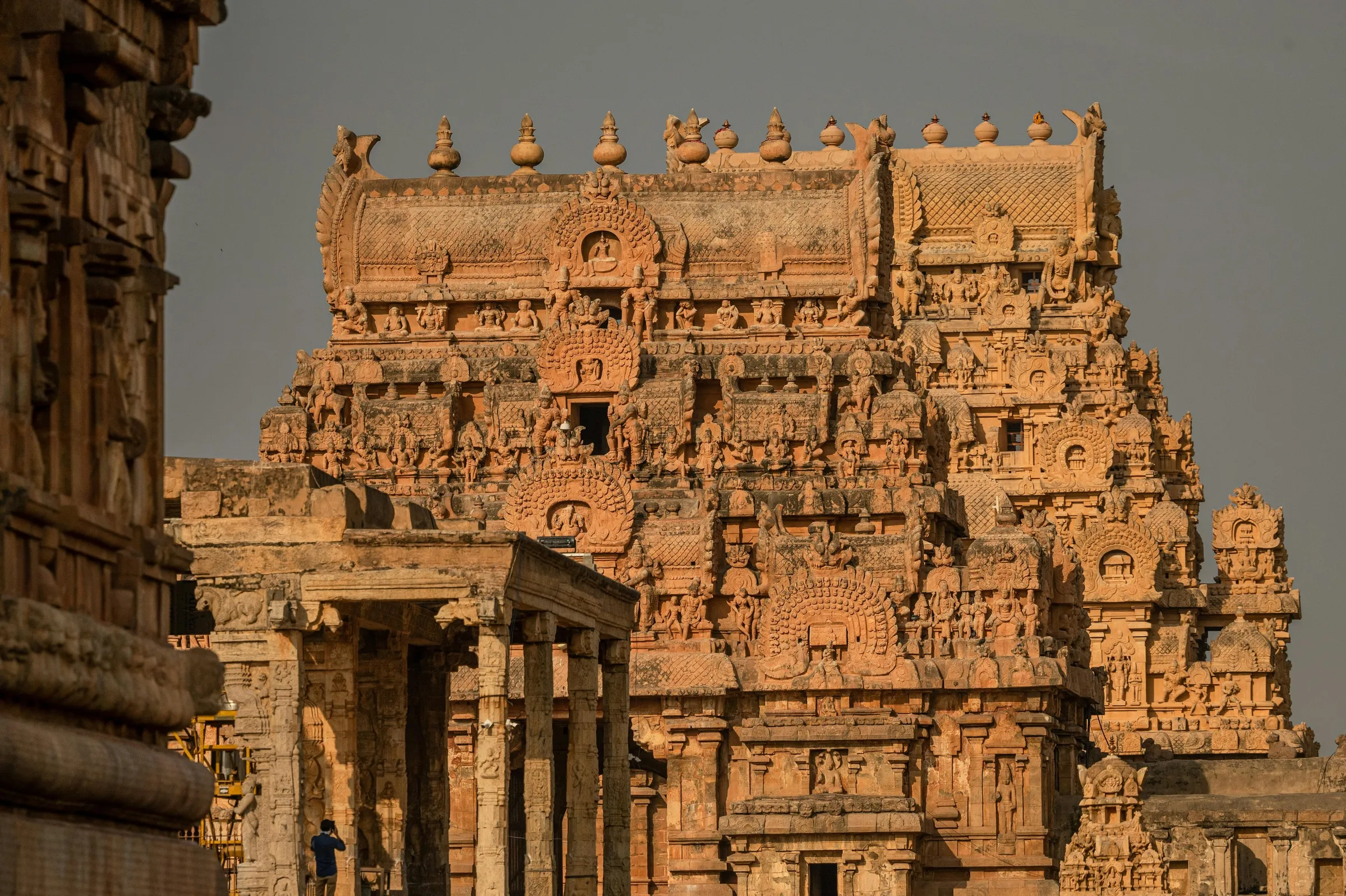 The carved granite tower of the Brihadeeswarar Temple at Tanjore in evening light