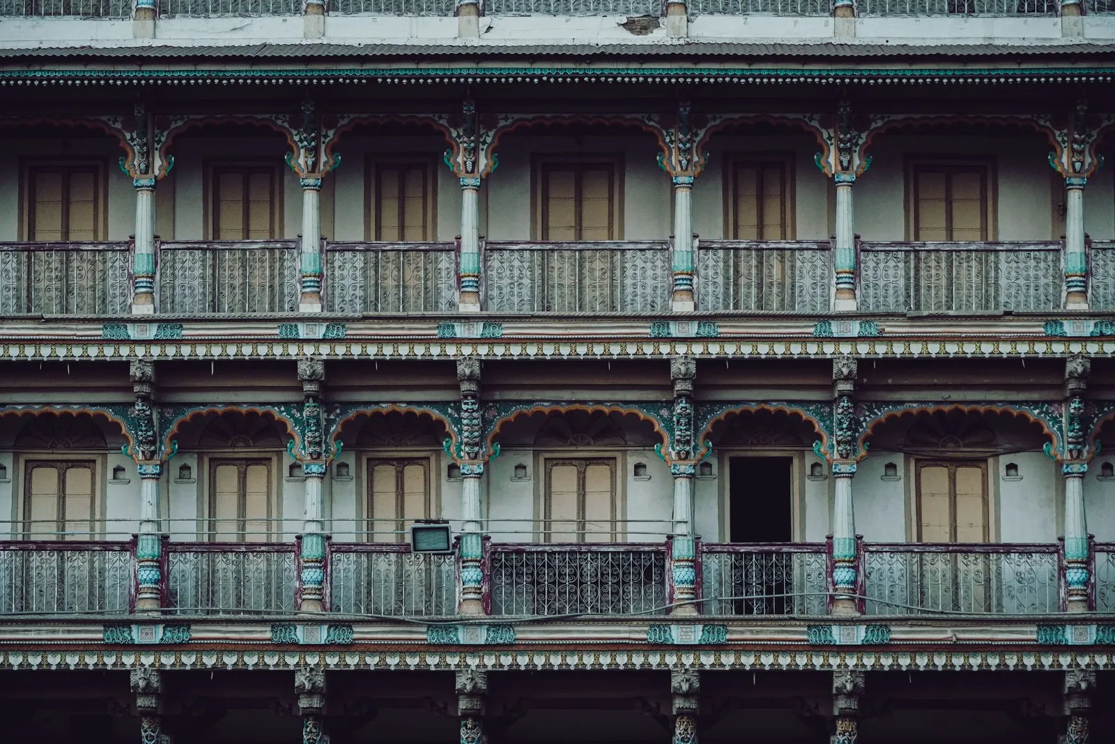 The carved wooden balconies of an old pol house in Ahmedabad