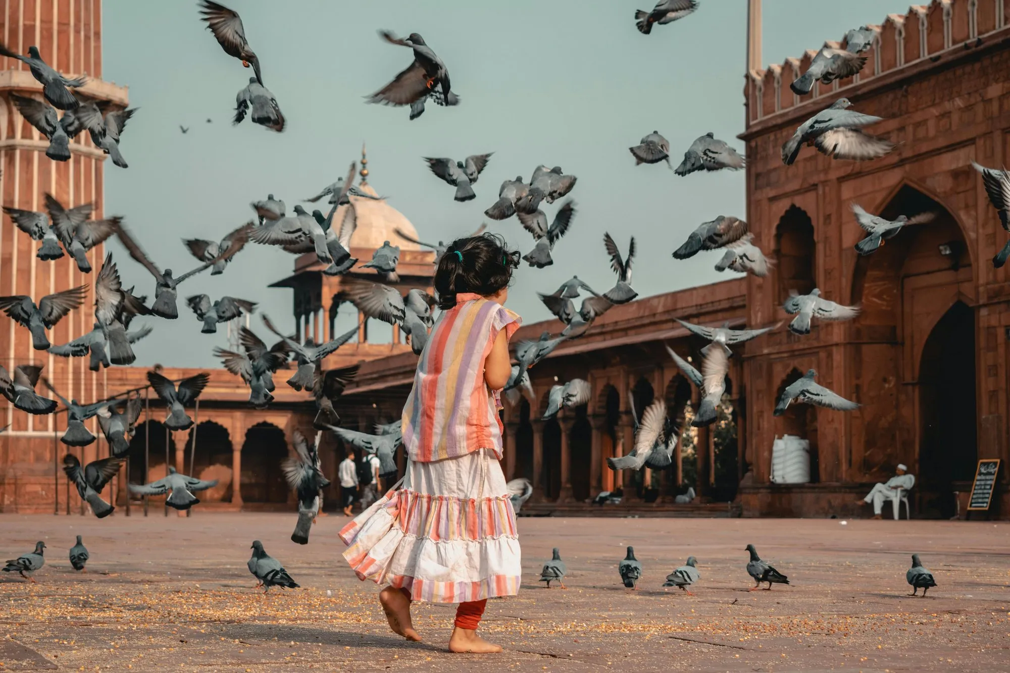 A girl running through pigeons at the Jama Masjid
