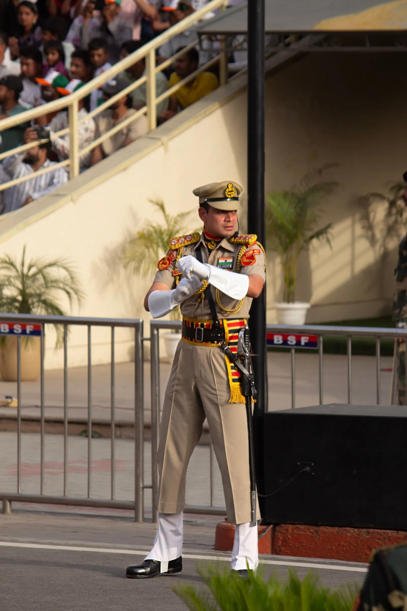 A Border Security Force soldier in his fan-crested turban at the Wagah border ceremony